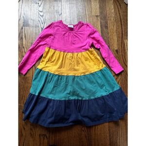 Hanna Andersson Girls Tiered Colorblock Cotton Dress Pink Yellow Green Navy Sz 8